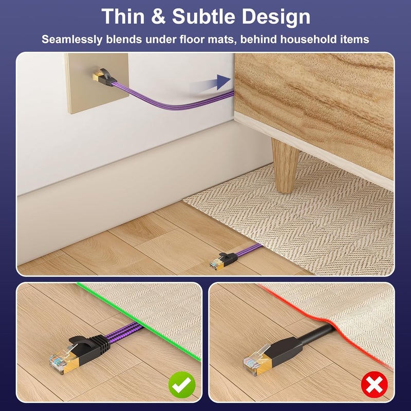 JD Cat 7 Ethernet Cable, Nylon Braided Flat Design High Speed Internet LAN Cable, 10Gbps 600MHz Network Cable Compatible for Gaming PC, PS5, Xbox, Modem, Router, Low Latency Ethernet Cord, 100 Feet - Image 2